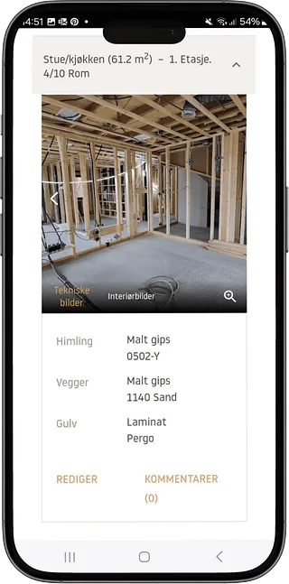 Skjermbilde av byggeapp på mobil som viser tekniske detaljer for stue/kjøkken under oppføring.