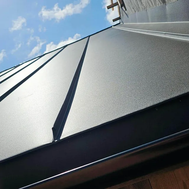 Tak med stående sort metalltekking sett fra bakken mot blå himmel.